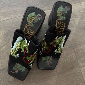 Dragon Embroidered Black Platform Sandals Paris worn two times
